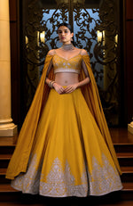 Mustard Yellow- Silver Embroidered Lehenga set with Cape Dupatta