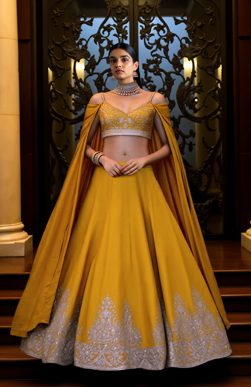 Mustard Yellow- Silver Embroidered Lehenga set with Cape Dupatta