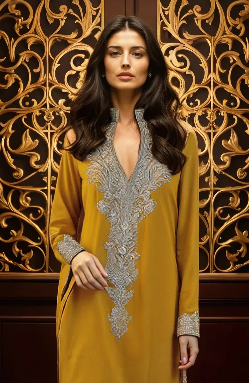 Mustard Yellow Embroidered Kurta set
