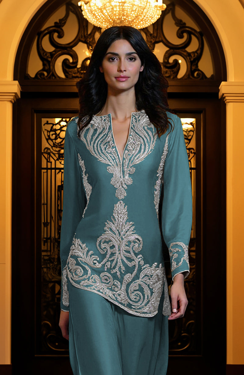 Peacock Blue Embroidered Tunic Set