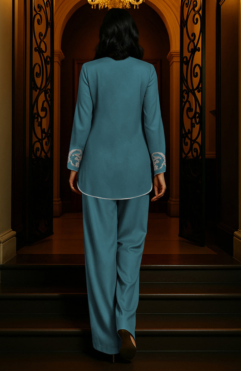 Peacock Blue Embroidered Tunic Set