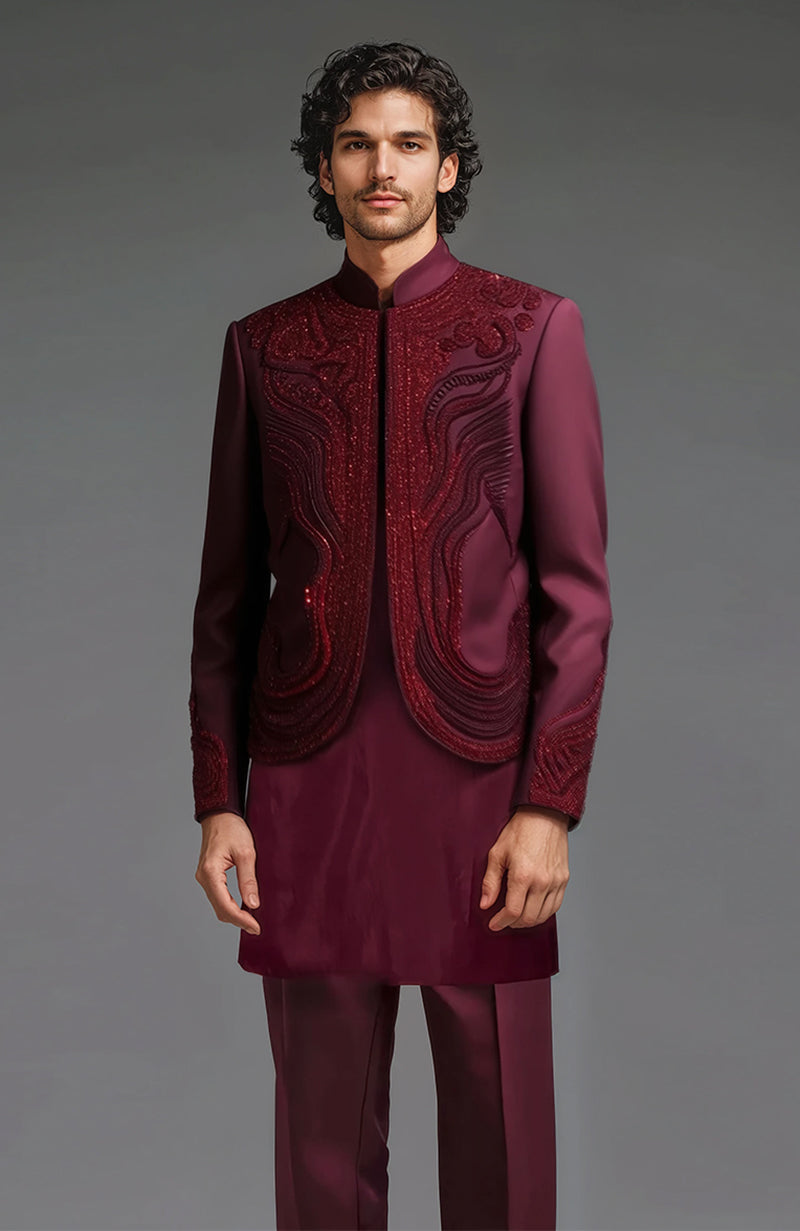 Deep Burgundy Embroidered Jacket Set