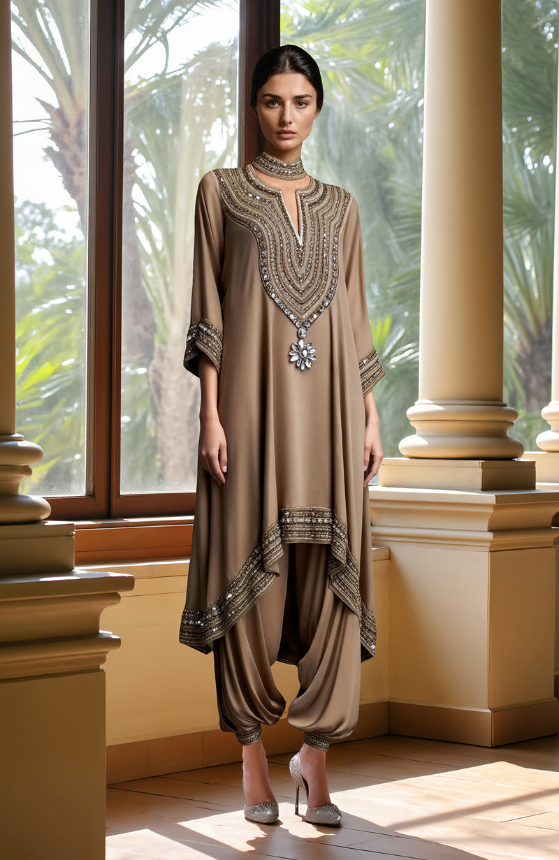 Taupe Beige Bead and Crystal Embroidered Kurta set
