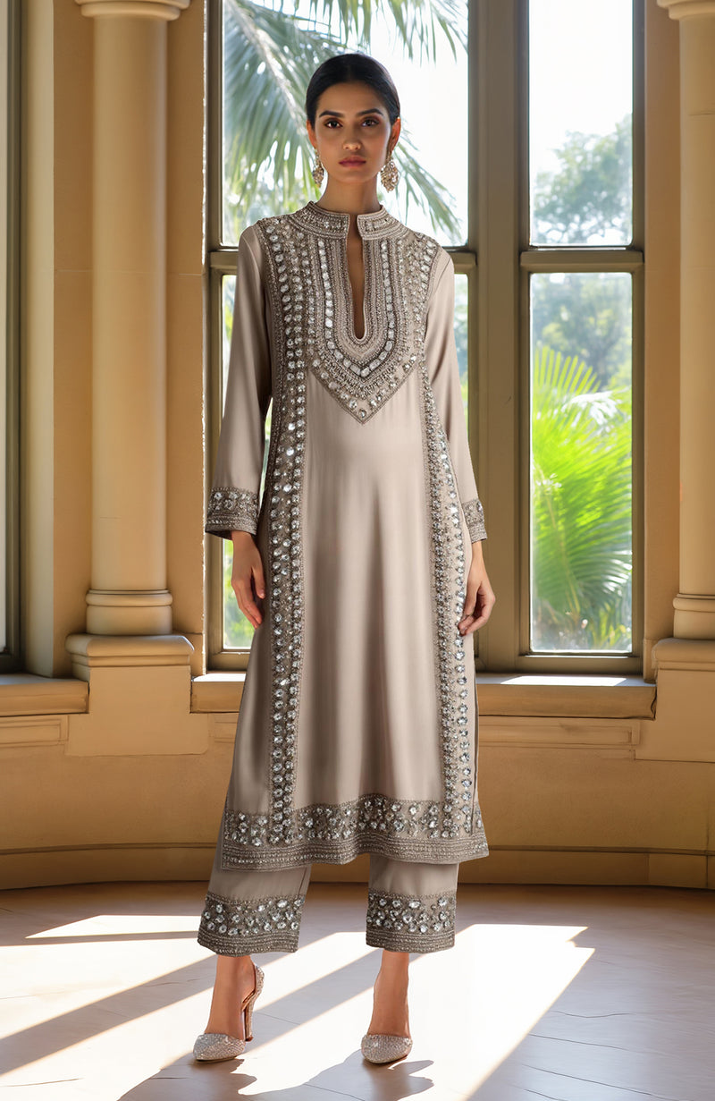 Champagne Bead and Crystal Embroidered Kurta set