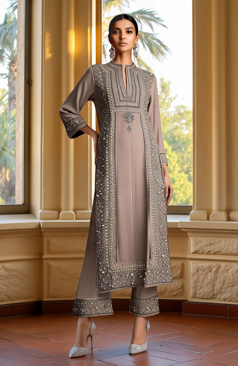 Taupe Beige Bead and Crystal Embroidered Kurta set