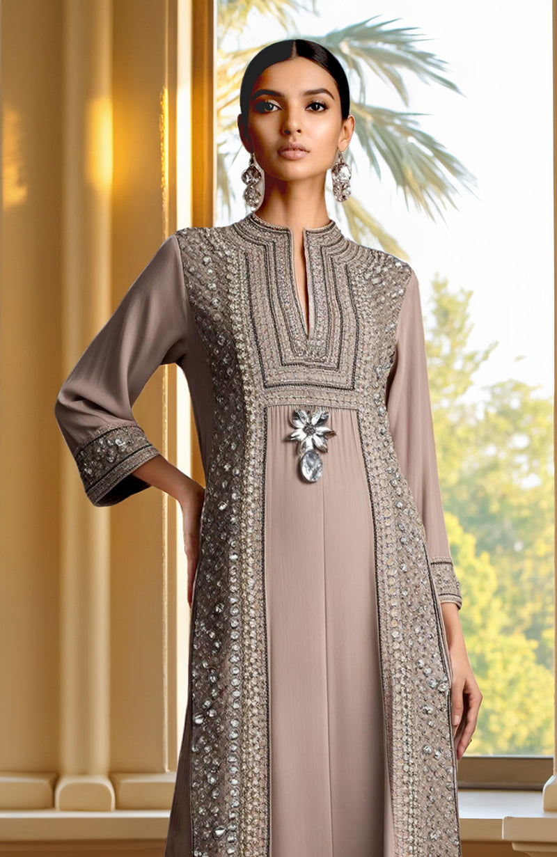 Taupe Beige Bead and Crystal Embroidered Kurta set