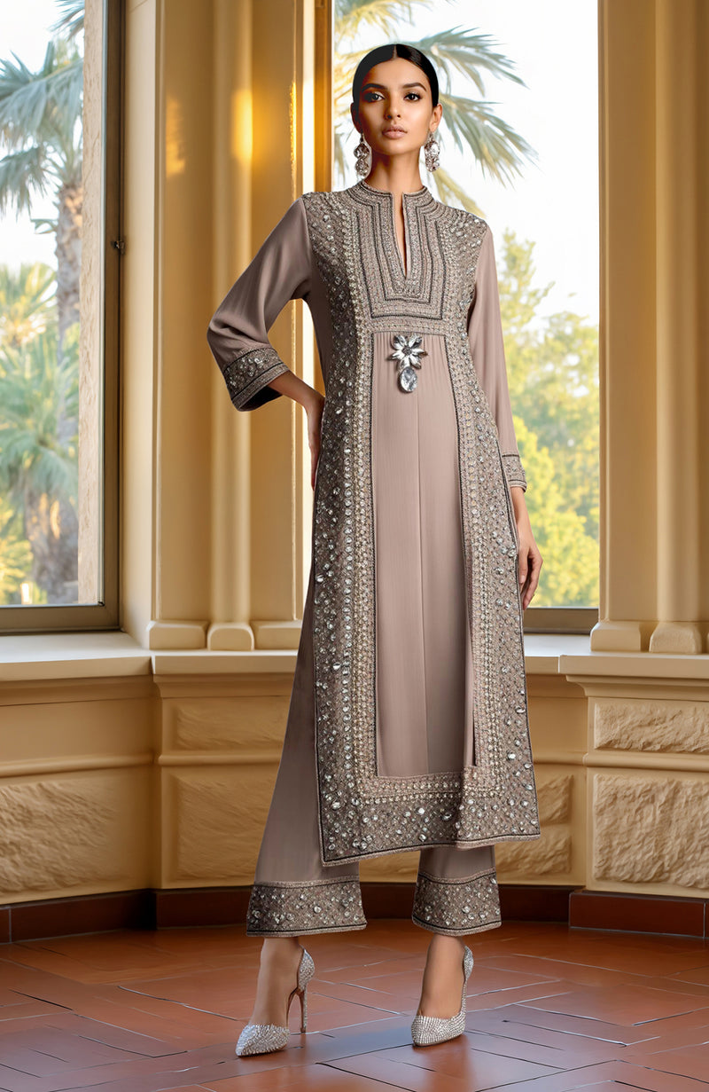 Taupe Beige Bead and Crystal Embroidered Kurta set