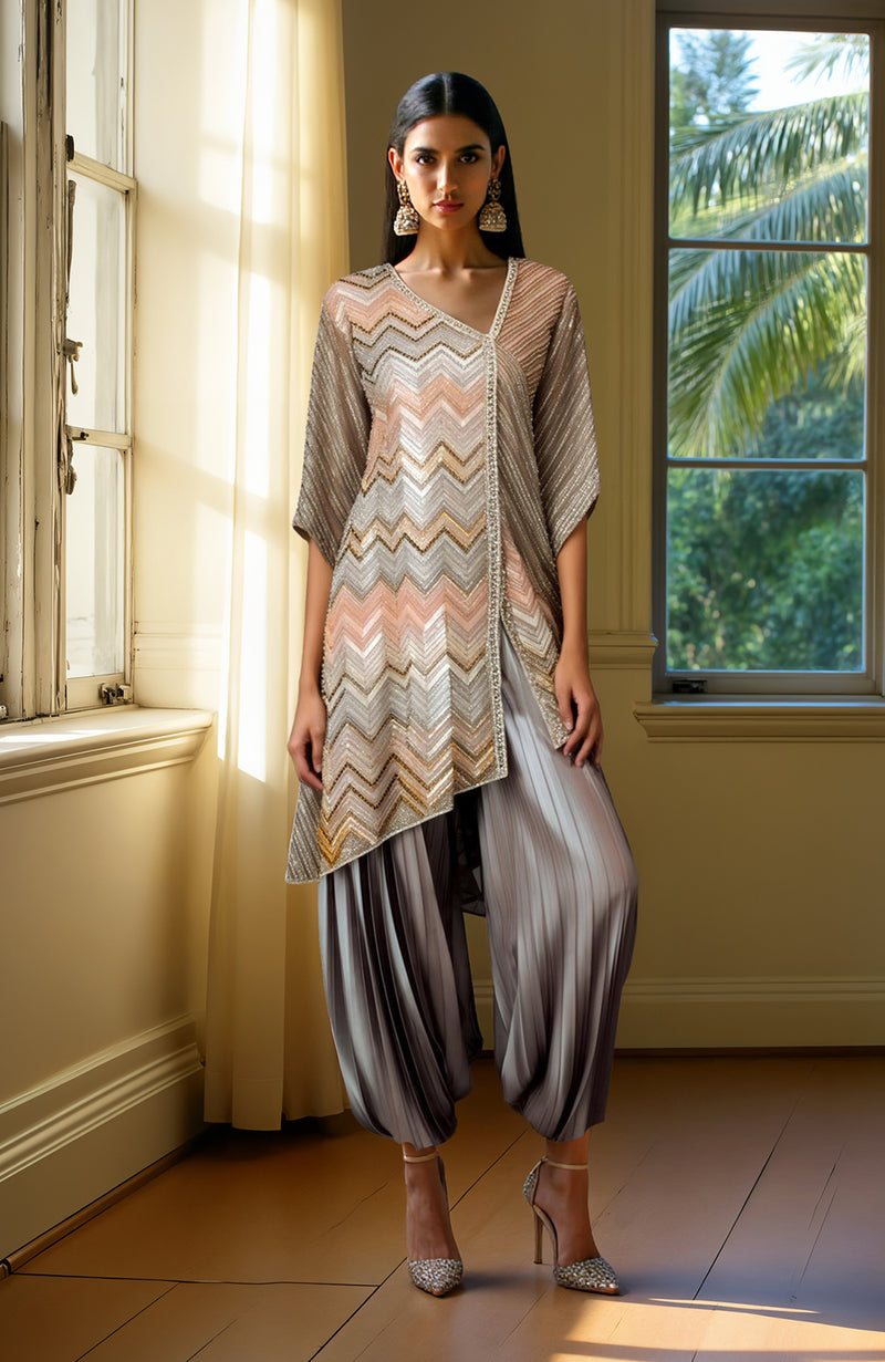 Grey Beads and Sequin Embroidered Tunic Kurta Set