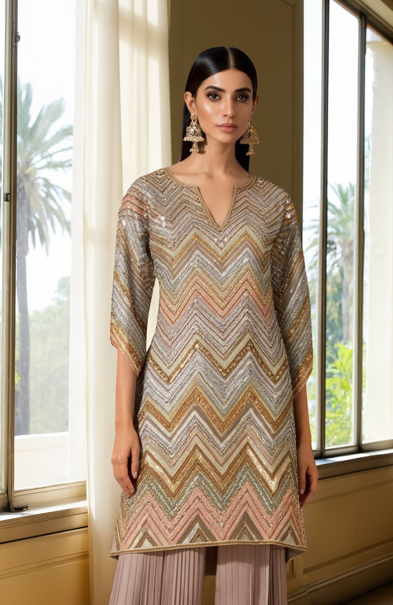 Grey- Mauve Beads and Sequin Embroidered Tunic Kurta set