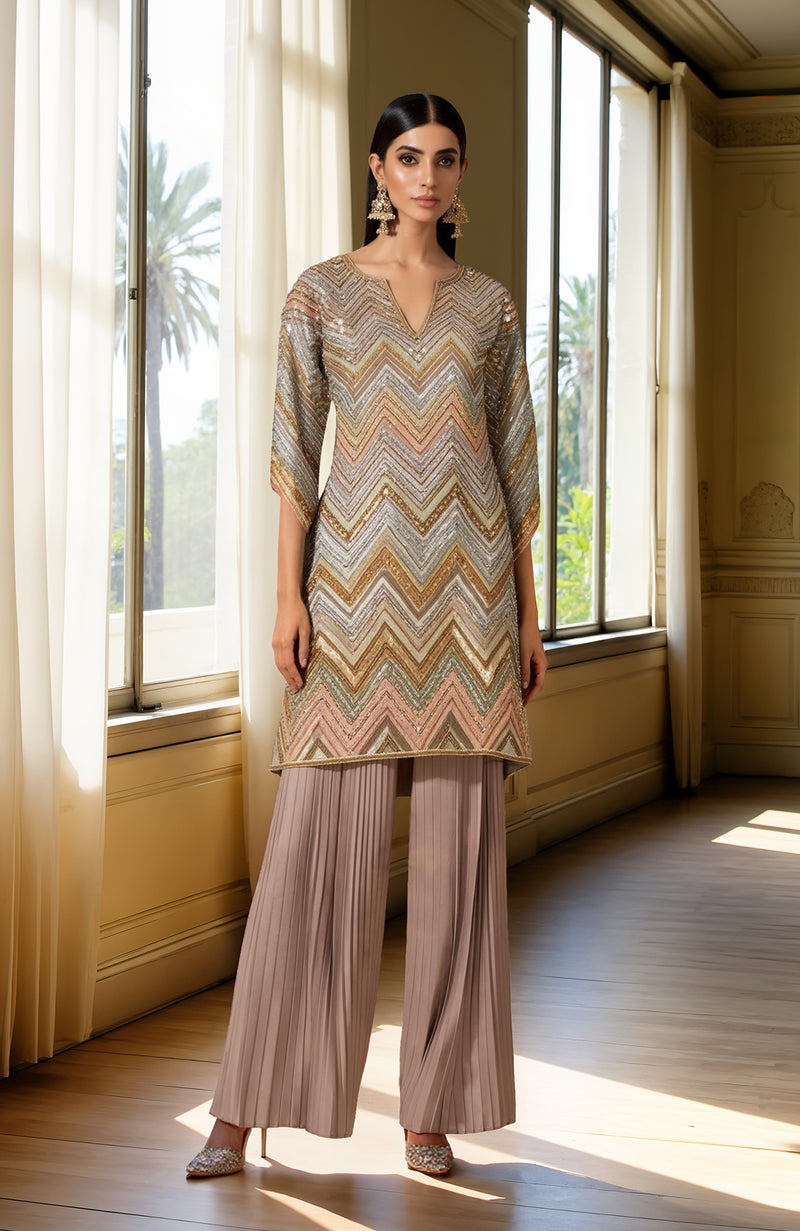 Grey- Mauve Beads and Sequin Embroidered Tunic Kurta set