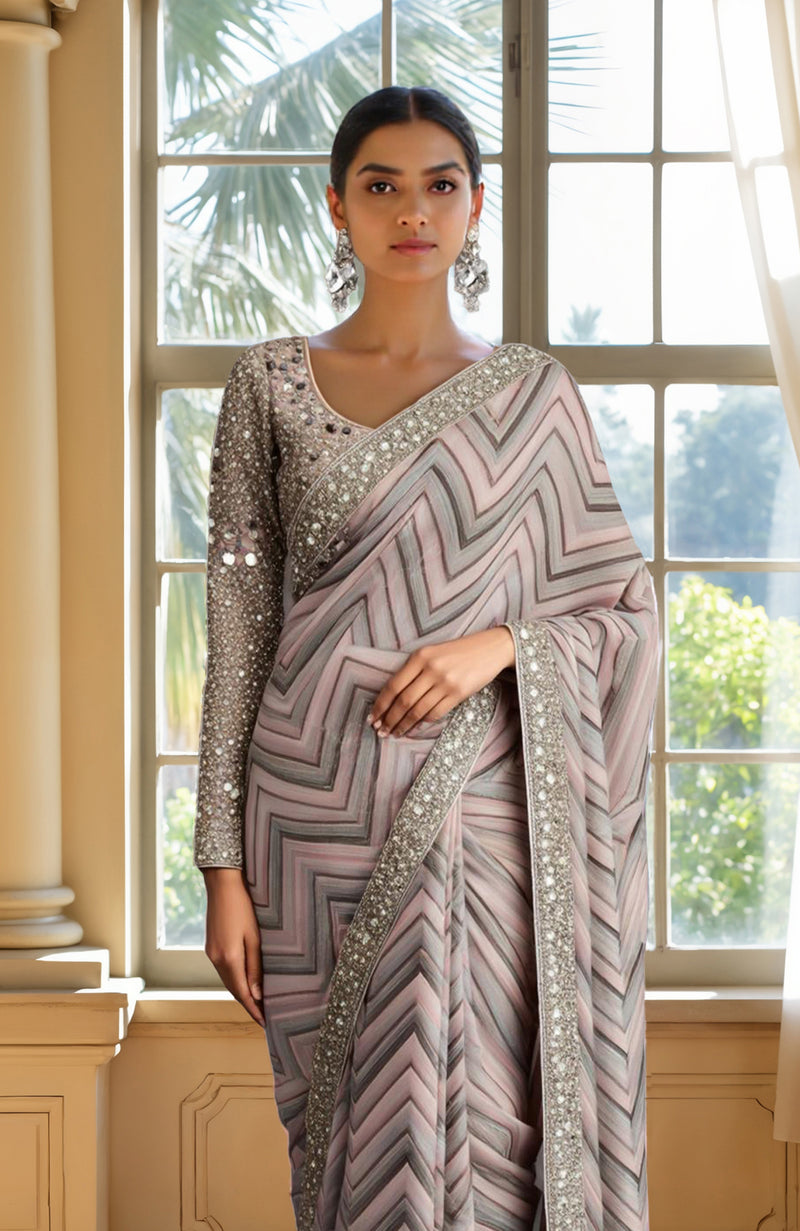 Pastel Bead Sequin and Mirror Embroidered Saree