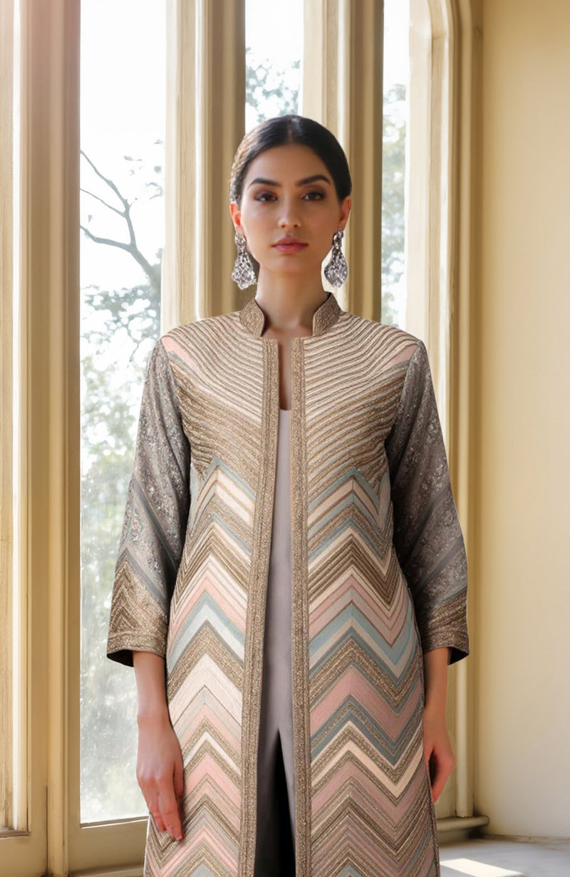 Grey Beads and Sequin Embroidered Jacket set