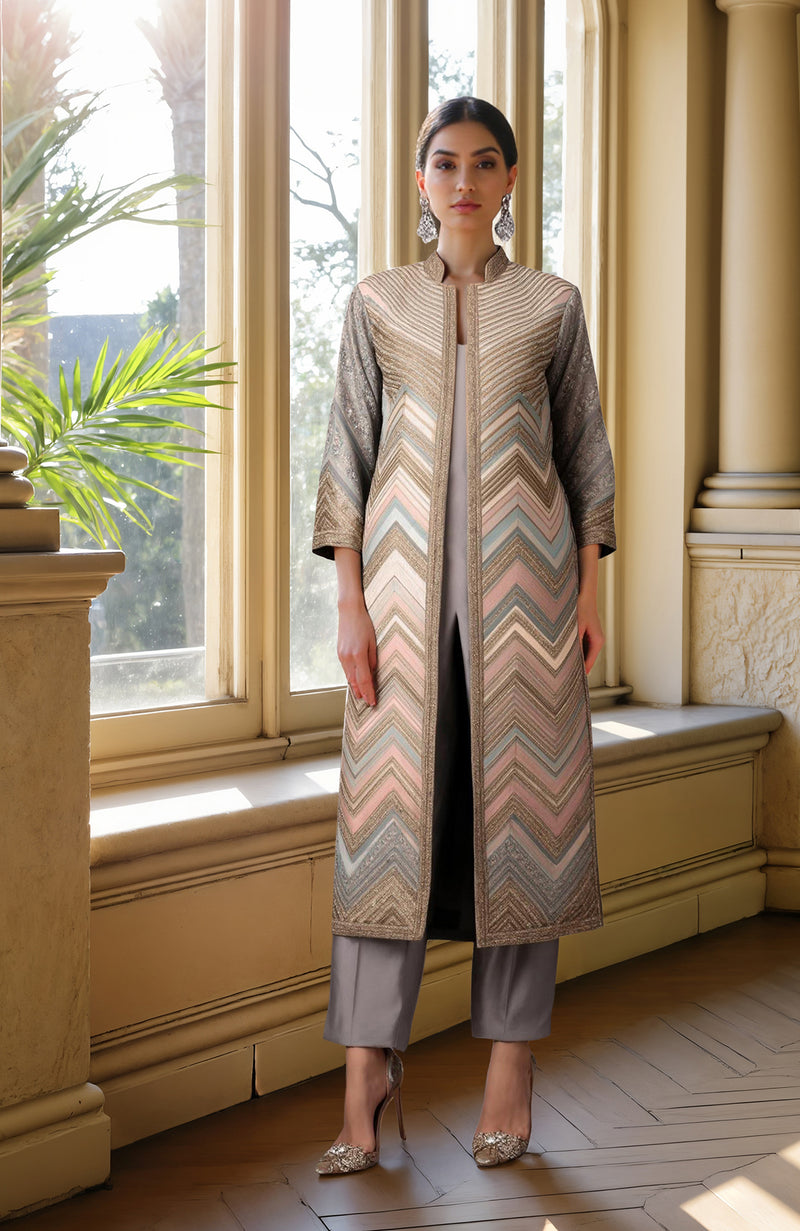 Grey Beads and Sequin Embroidered Jacket set