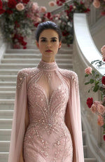Blush Pink Embroidered Gown with Cape Overlay