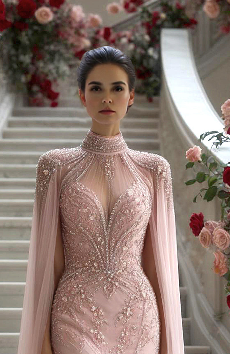 Blush Pink Embroidered Gown with Cape Overlay