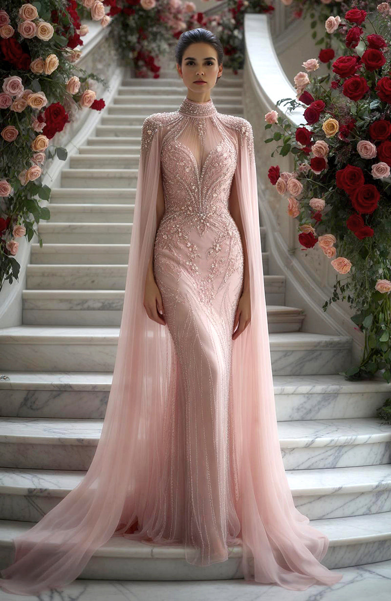 Blush Pink Embroidered Gown with Cape Overlay