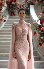 Blush Pink Embroidered Gown with Cape Overlay