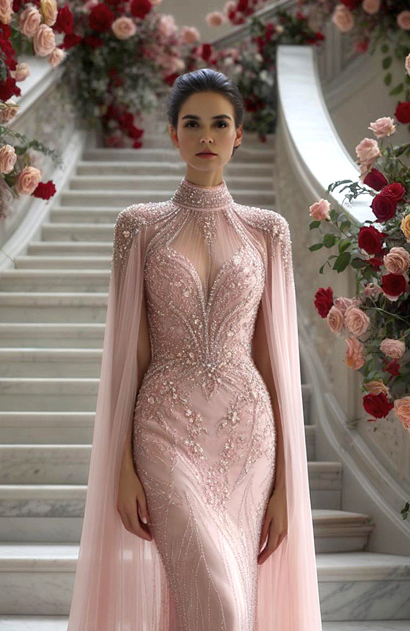 Blush Pink Embroidered Gown with Cape Overlay