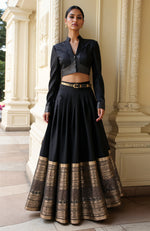 Black Lehenga Set with Cropped Blouse and Metallic Gold Detailing