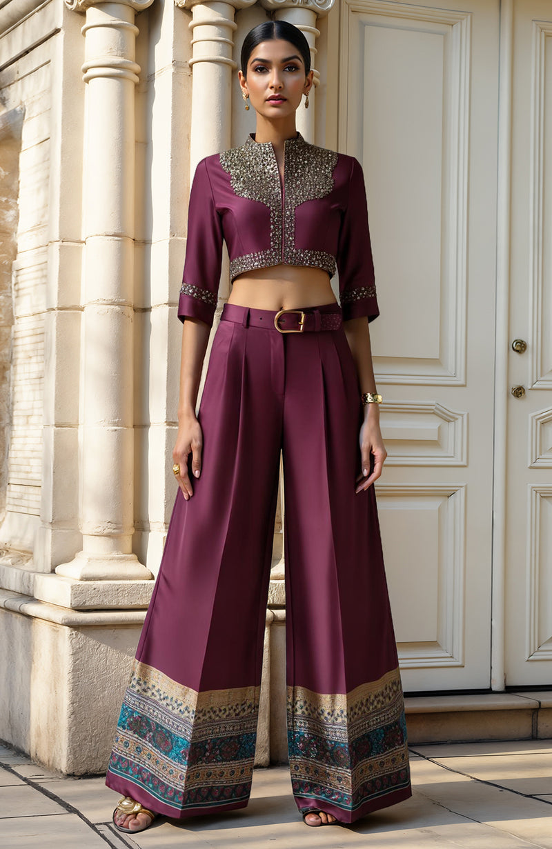Deep Plum Co-ord Set with Structured Blouse and Palazzo Pants