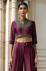 Deep Plum Co-ord Set with Structured Blouse and Palazzo Pants