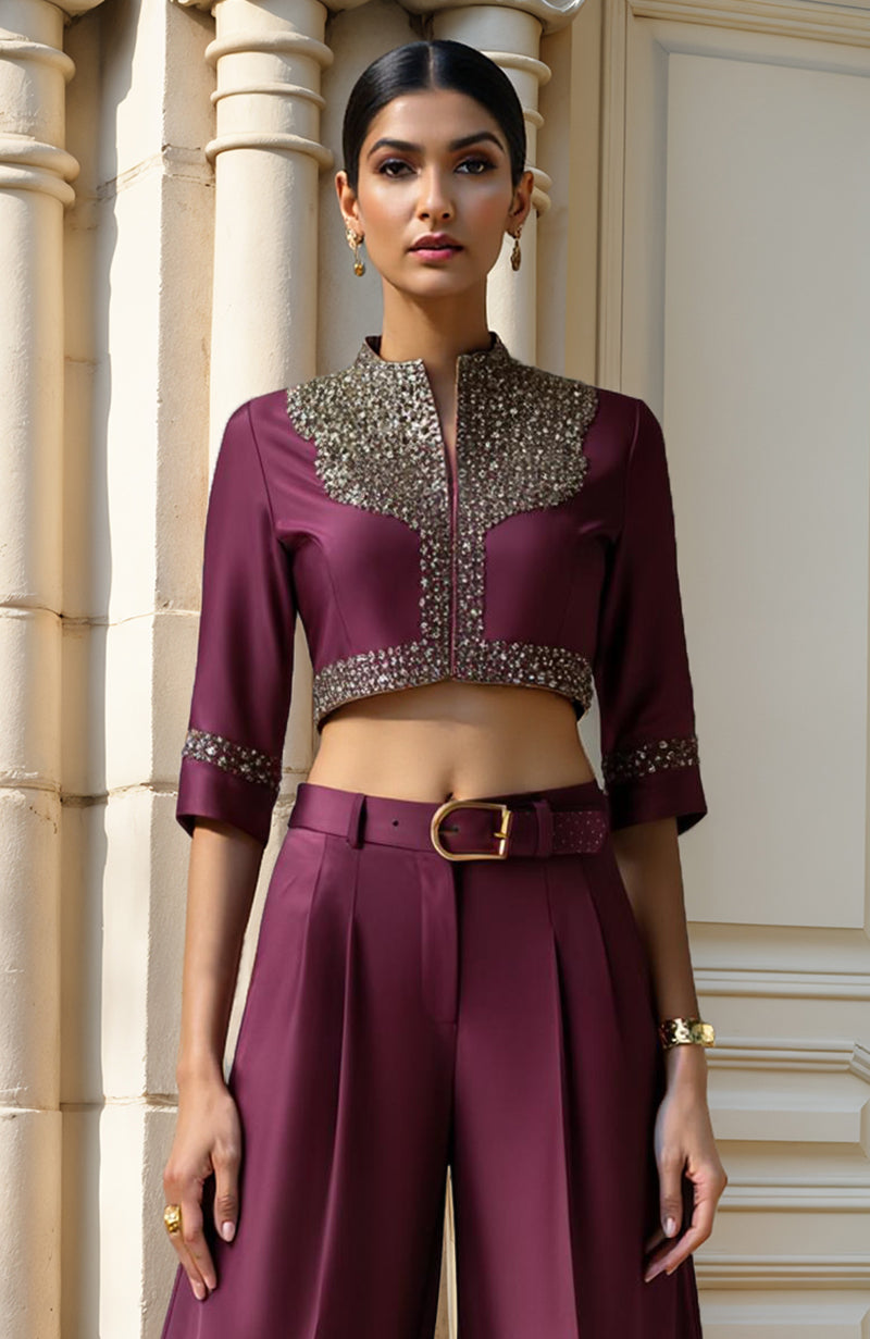 Deep Plum Co-ord Set with Structured Blouse and Palazzo Pants