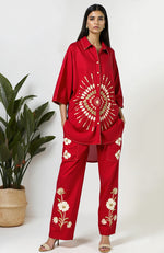 Poise Red Floral Embroidered Shirt & Trouser Set