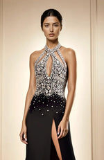 Elegant Black Halter Gown with Crystal Embellished Bodice and Thigh-High Slit