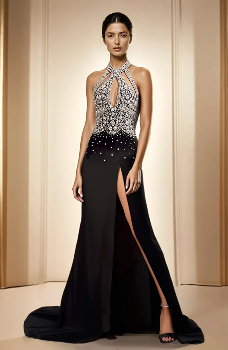 Elegant Black Halter Gown with Crystal Embellished Bodice and Thigh-High Slit