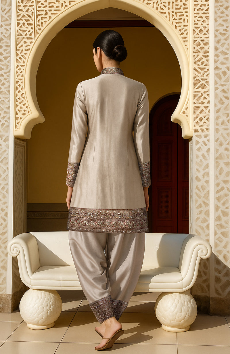 Ivory Kashidakari Jamawar Embroidered Jacket & Draped Salwar Set