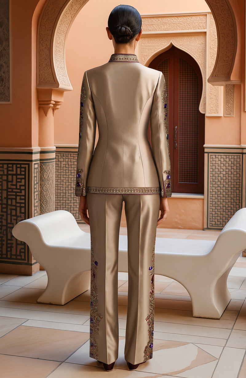 Gold Embroidered Blazer & Wide-Leg Trousers Set