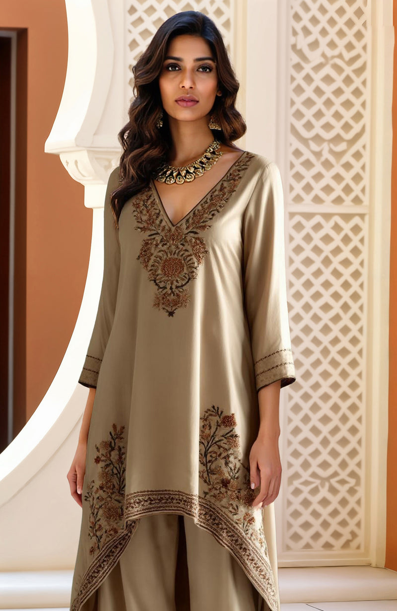 Beige Kashida Jamawar Inspired Embroidered High-Low Kurta & Wide-Leg Trousers Set