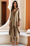 Beige Kashida Jamawar Inspired Embroidered High-Low Kurta & Wide-Leg Trousers Set