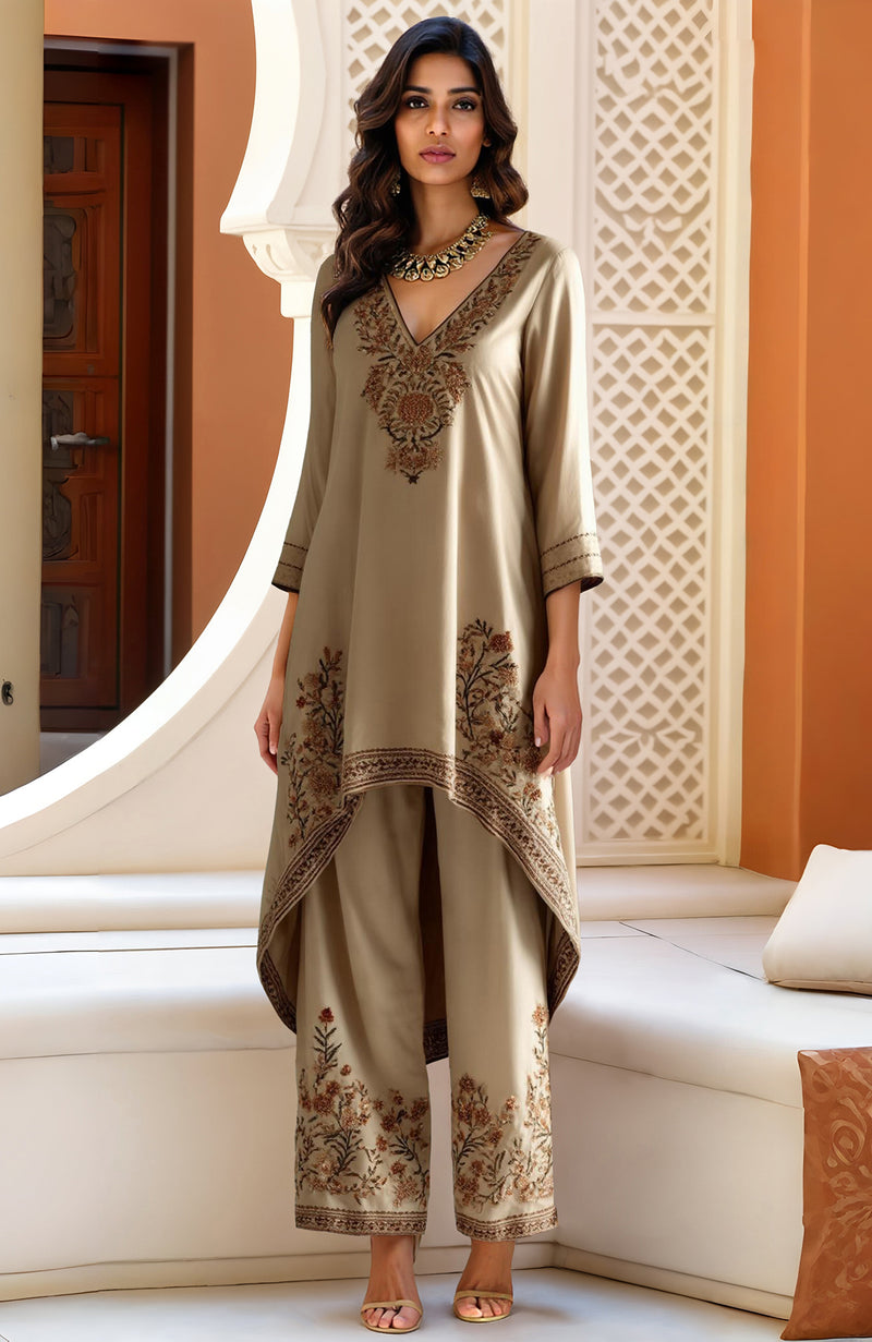 Beige Kashida Jamawar Inspired Embroidered High-Low Kurta & Wide-Leg Trousers Set