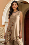 Beige Asymmetric Kashidakari Jamawar Embroidered Tunic & Wide-Leg Trousers Set