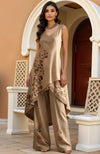Beige Asymmetric Kashidakari Jamawar Embroidered Tunic & Wide-Leg Trousers Set