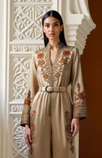 Beige Kashmir Jamawar  Embroidered Belted Jumpsuit