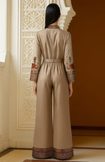 Beige Kashmir Jamawar  Embroidered Belted Jumpsuit
