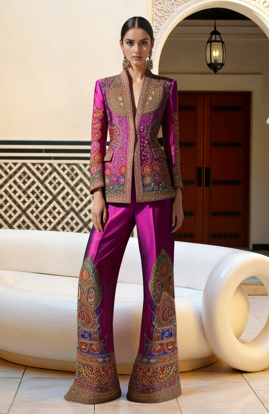 Two-piece magenta ensemble with gold, blue, and red zardozi embroidery and beadwork.