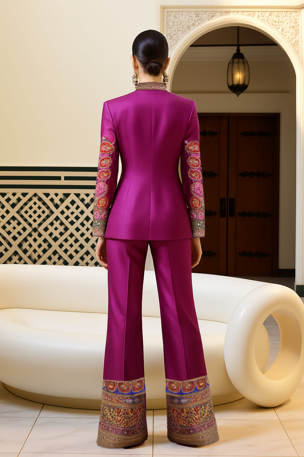 Two-piece magenta ensemble with gold, blue, and red zardozi embroidery and beadwork.