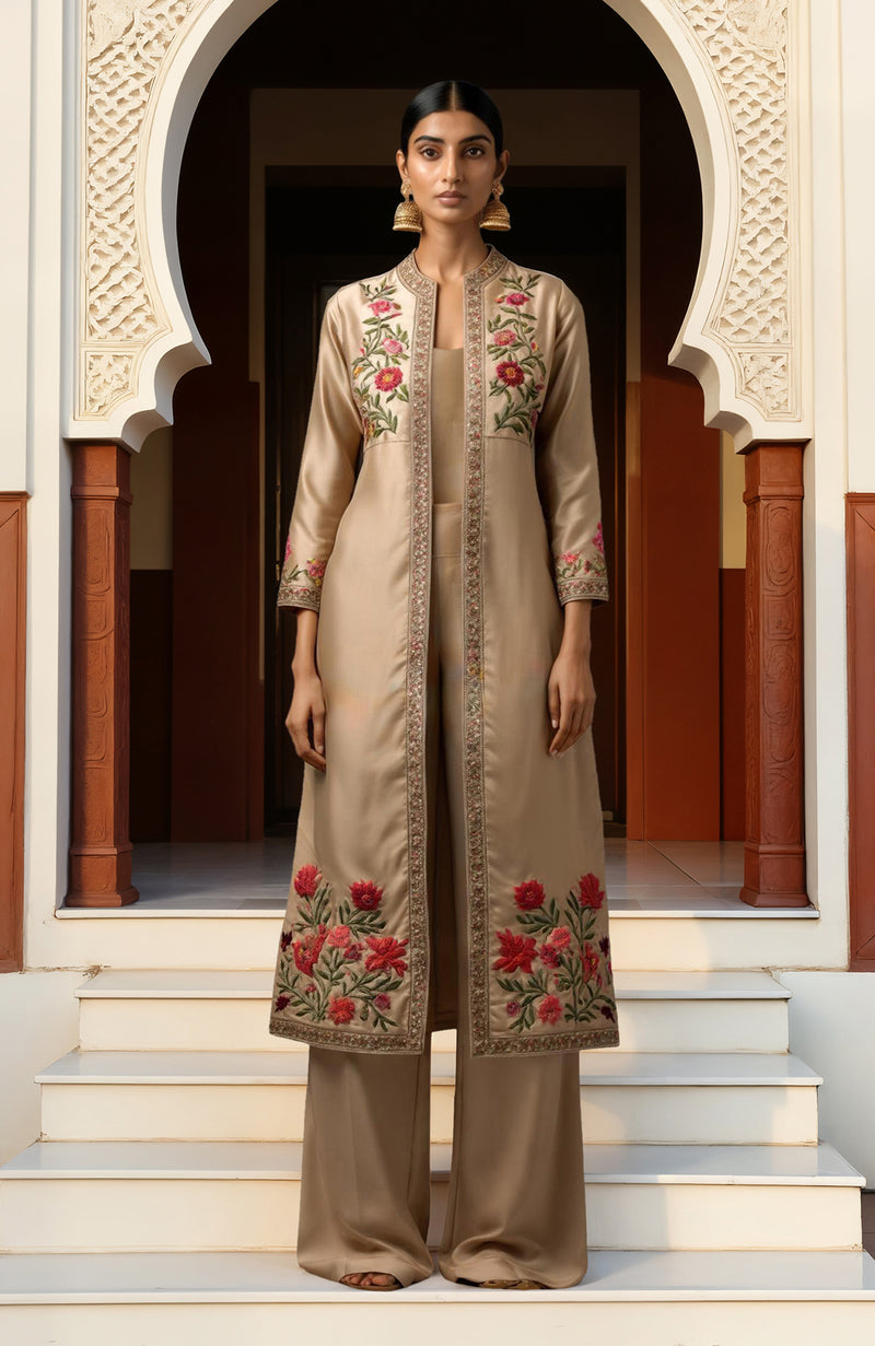 Beige Paper Mache Kashidakari Embroidered Jacket Set