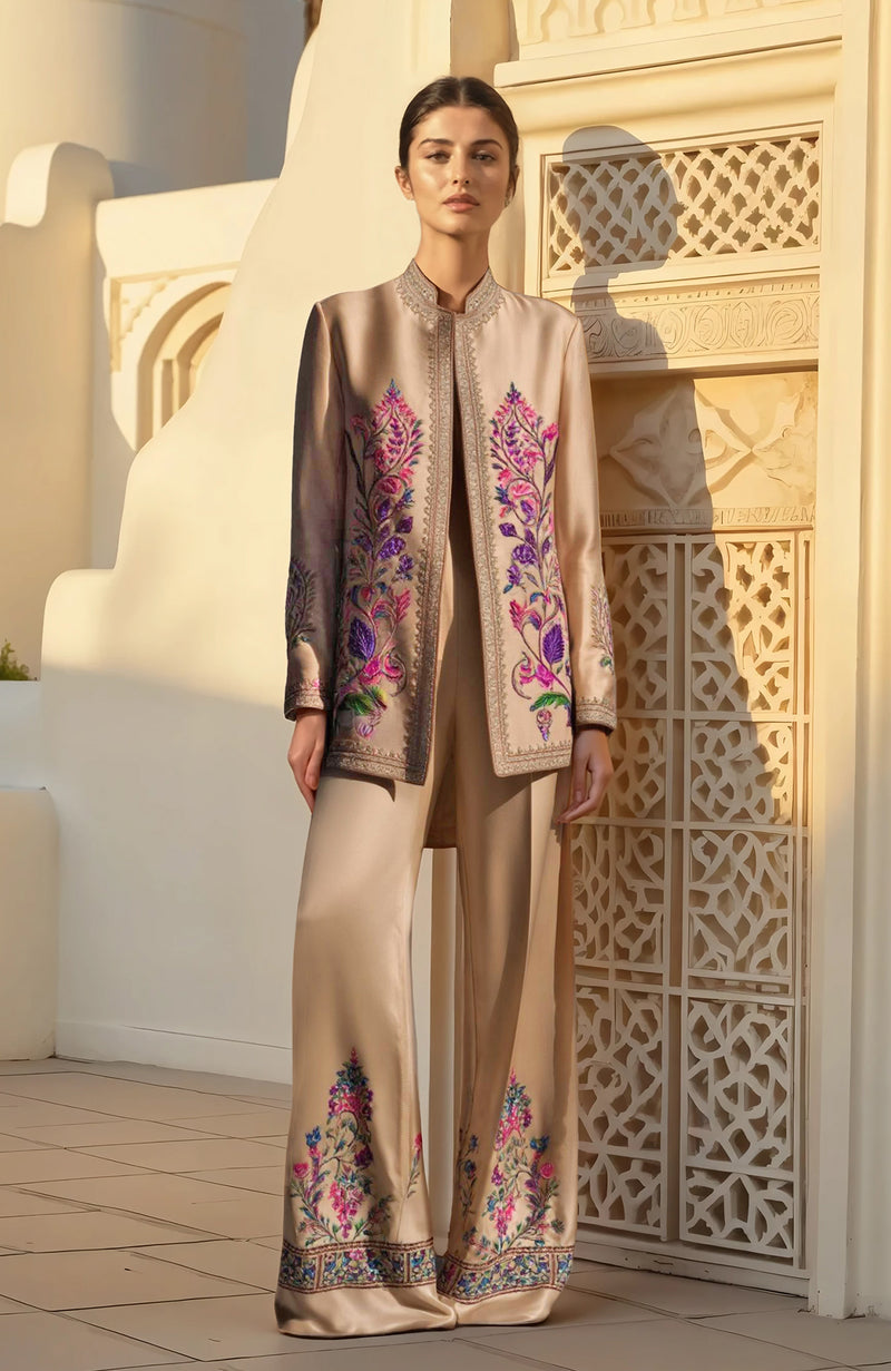Beige Paper Mache Kashidakari Embroidered Pant Suit