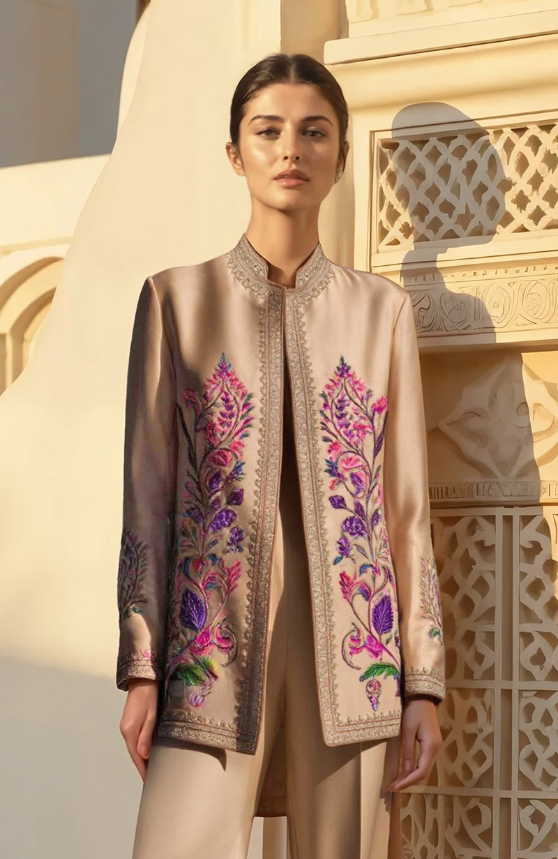 Beige Paper Mache Kashidakari Embroidered Pant Suit