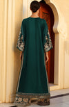 Dark Green Gold Floral Embroidered Kaftan Dress Set