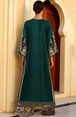 Dark Green Gold Floral Embroidered Kaftan Dress Set