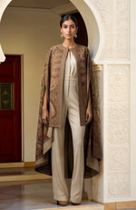 Ivory-Brown Paisley Embroidered Cape With Jumpsuit