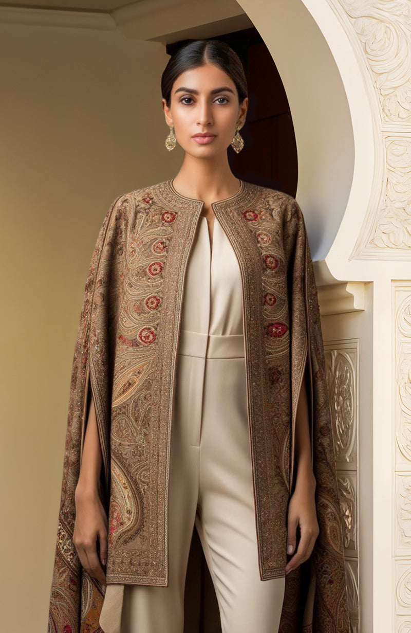 Ivory-Brown Paisley Embroidered Cape With Jumpsuit