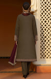 Olive paisley embroidered jacket set with cropped vest, wide trousers, and maroon scarf.