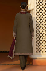 Olive paisley embroidered jacket set with cropped vest, wide trousers, and maroon scarf.