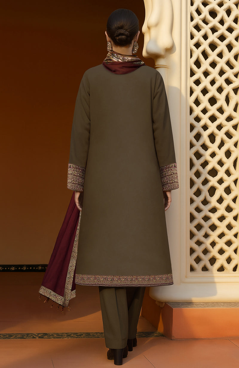 Olive paisley embroidered jacket set with cropped vest, wide trousers, and maroon scarf.